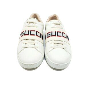 Gucci Ace Elastic Band White Leather Sneakers Red Heel Womens Size 37.5 US 7.5